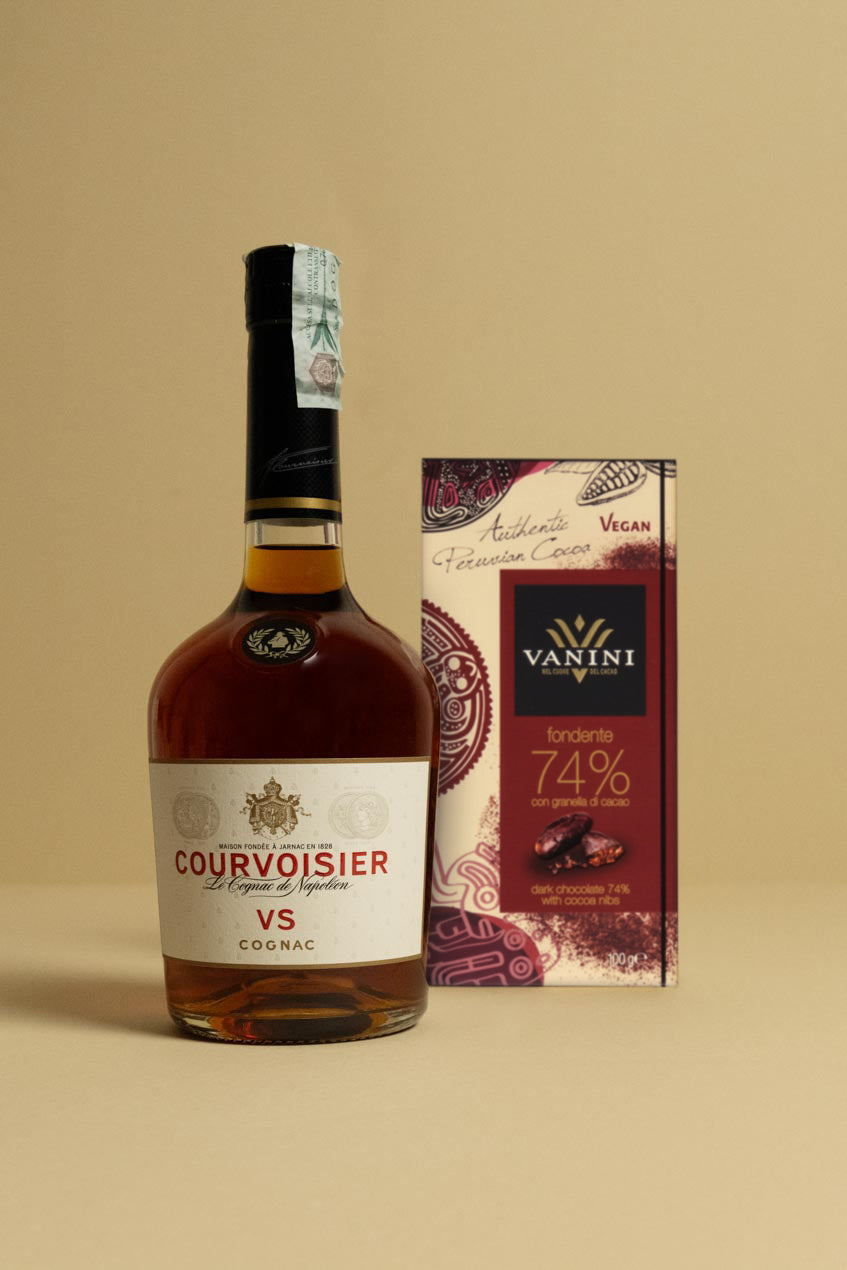Courvoisier Cognac and Vanini Bagua 74% Bar with Cocoa Nibs