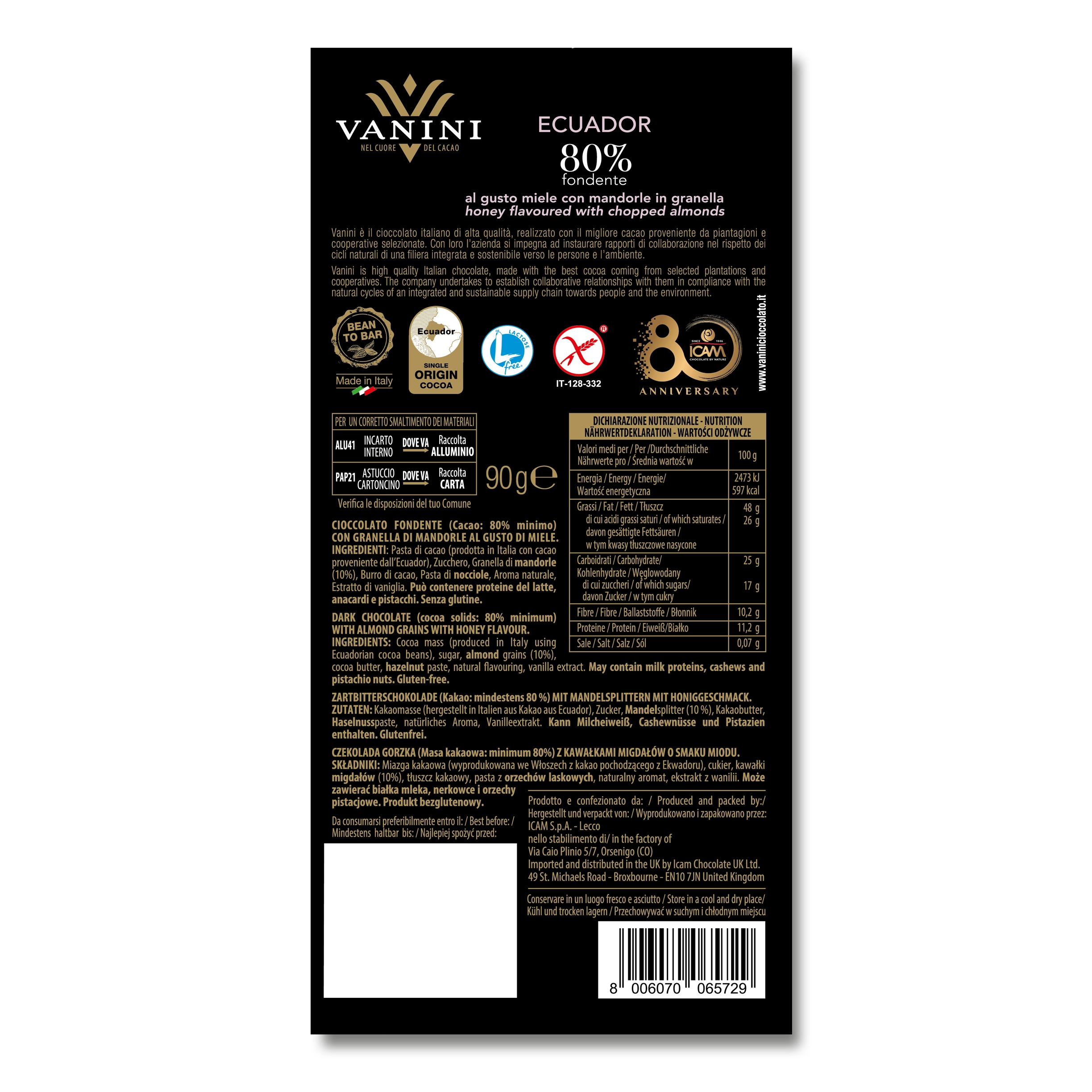 Retro della confezione Vanini Ecuador 80% fondente con bacche di vaniglia macinate. Sul packaging nero sono riportati il logo Vanini, le certificazioni di origine del cacao Ecuador Single Origin Cocoa, il marchio Bean to Bar, le informazioni nutrizionali, l'elenco ingredienti e le modalità di smaltimento. In basso sono visibili il codice a barre, i dati del produttore e il peso netto di 90 g. Design elegante nei toni nero e oro che richiama la linea premium delle tavolette Monorigine Vanini.