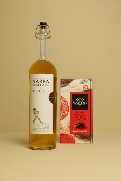 Grappa Sarpa con Tavoletta Vanini Bagua 70% Idee regalo Icam Cioccolato 2
