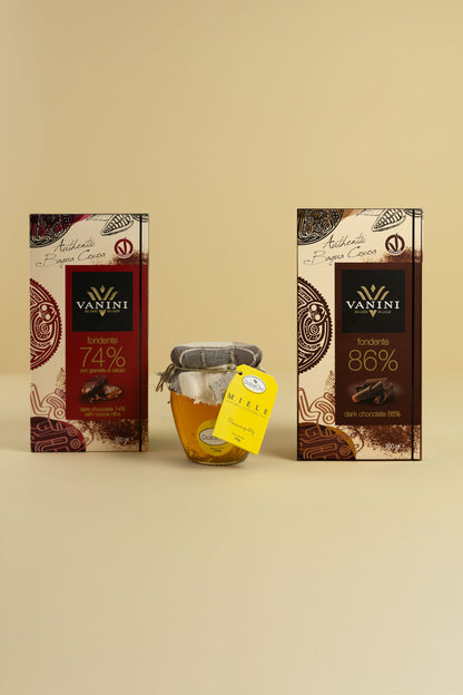 Miele Millefiori con Tavolette Bagua Fondente 74% con Granella e Fondente 86%