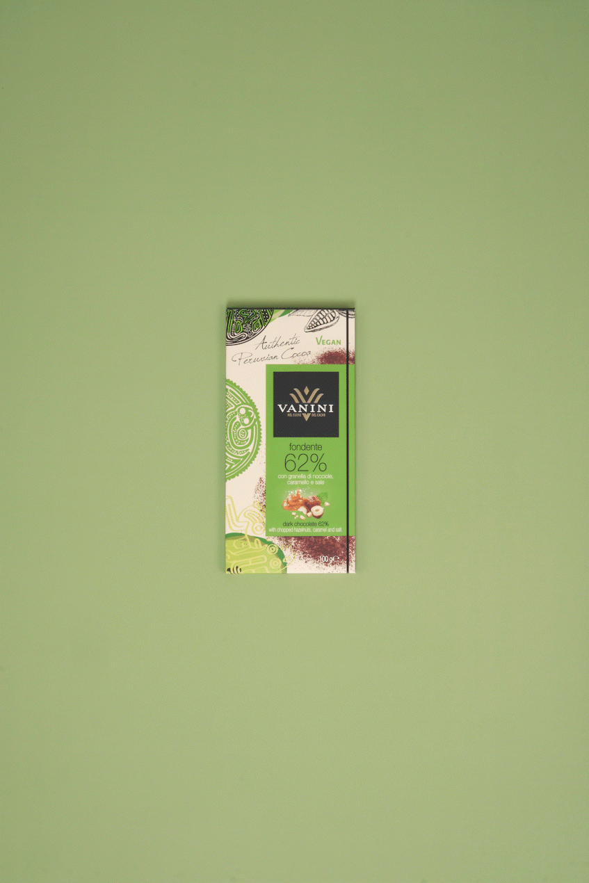 Vanini Single Origin Peru Dark Chocolate Bar 62% with chopped hazelnuts, caramel and salt