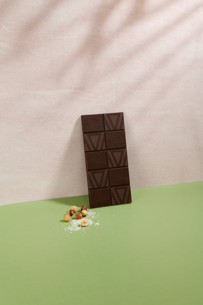 Vanini Single Origin Peru Dark Chocolate Bar 62% with chopped hazelnuts, caramel and salt