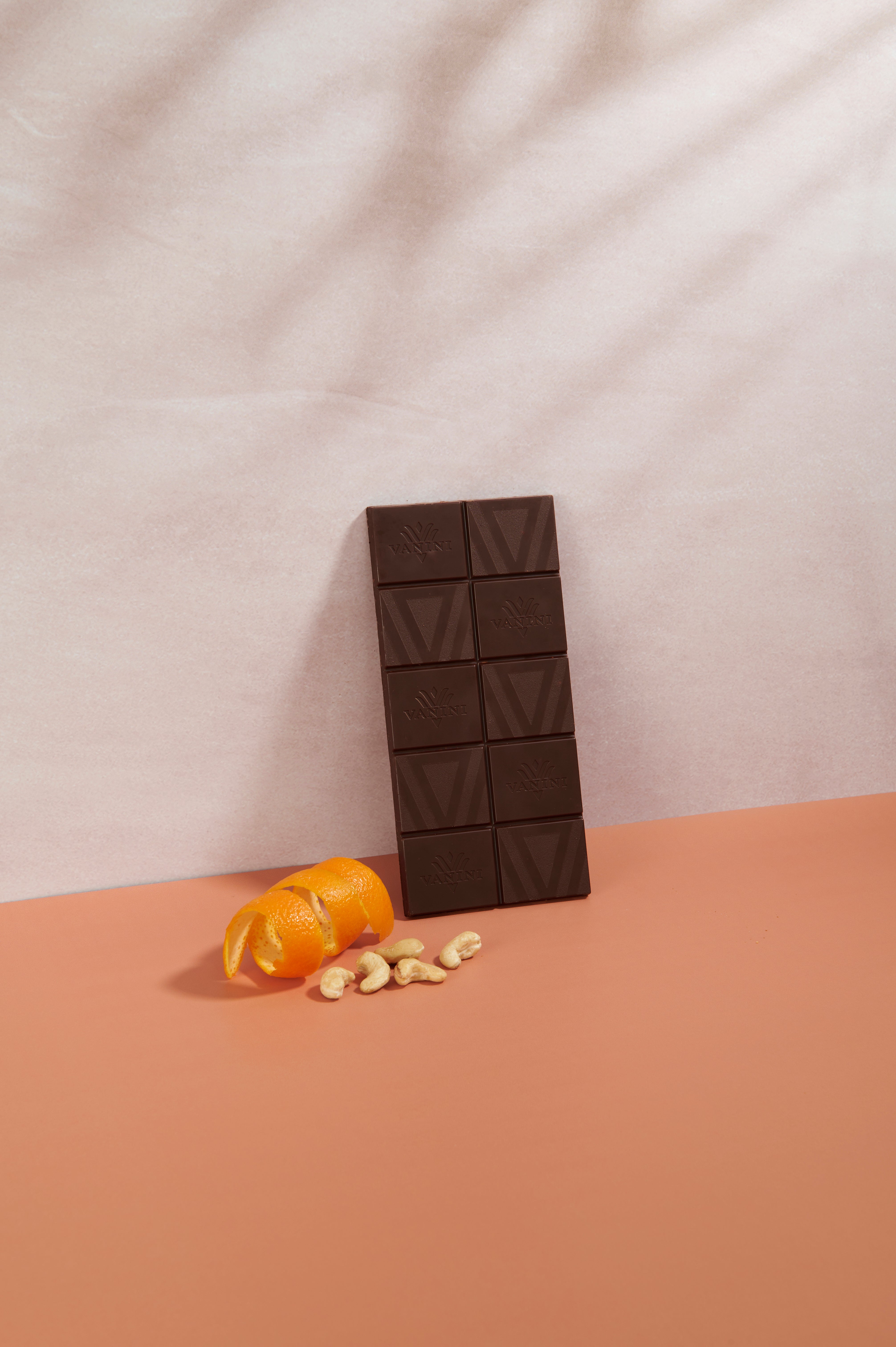 Vanini Single Origin Peru Dark Chocolate Bar 62% with Orange Peel and Cashews