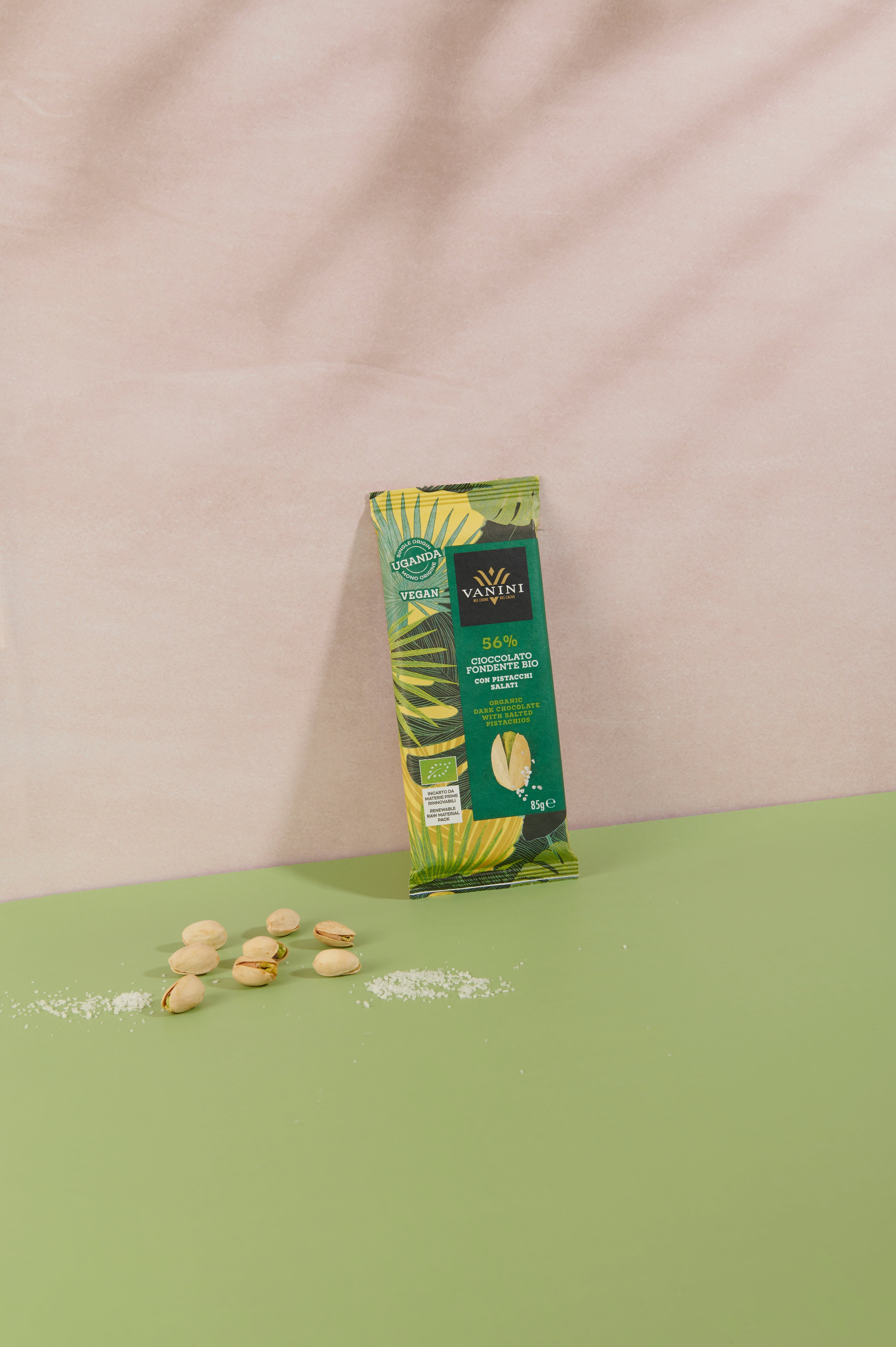 Vanini Uganda Organic Dark Chocolate Bar 56% with Salted Pistachios