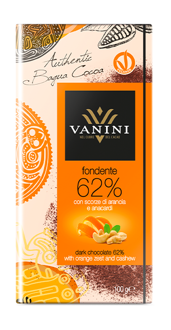 Tavoletta 100g Monorigine Bagua Fondente 62% con scorza di arancia e anacardi