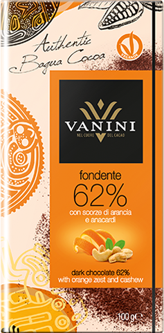 Tavoletta Fondente 62% con scorza di arancia e anacardi